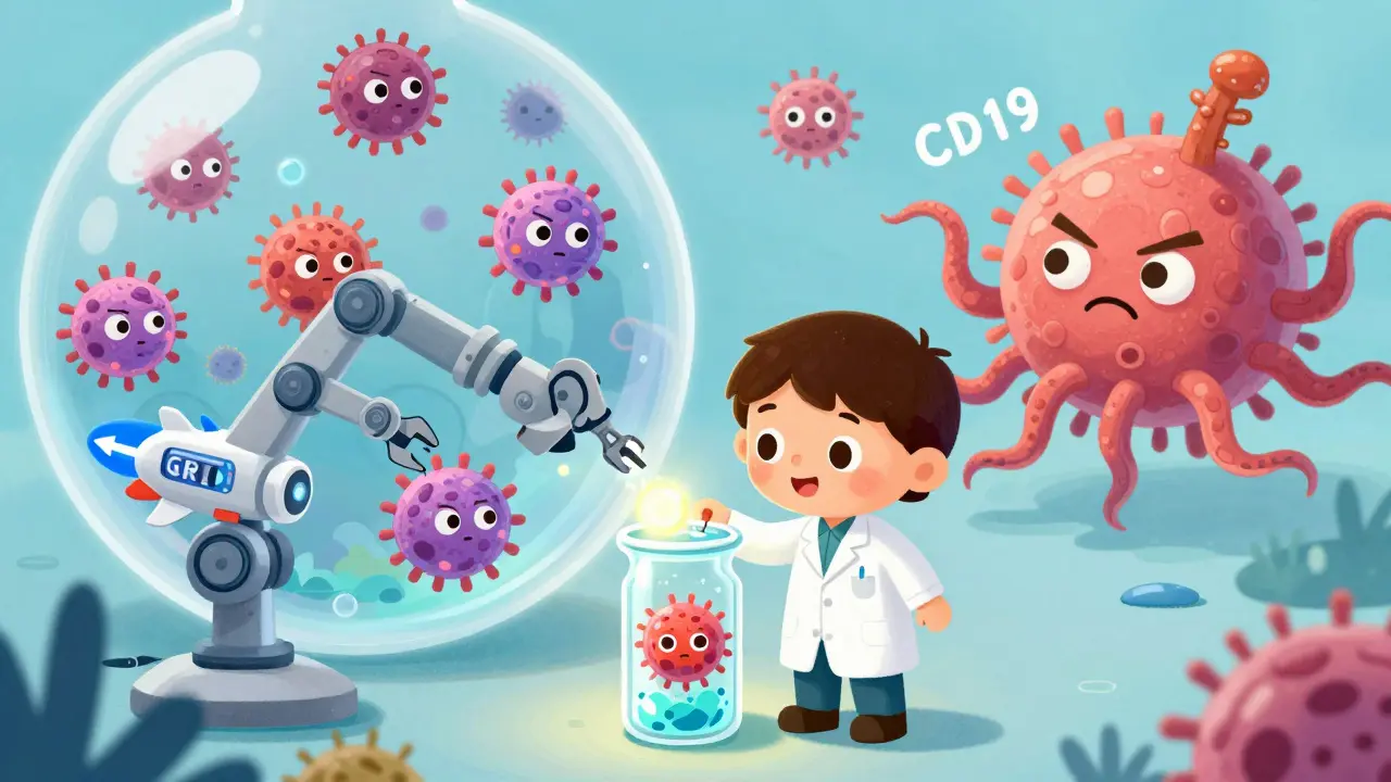 A lab technician modifies a T-cell into a super-powered CAR-T cell with a jetpack and GPS, ready to hunt cancer.