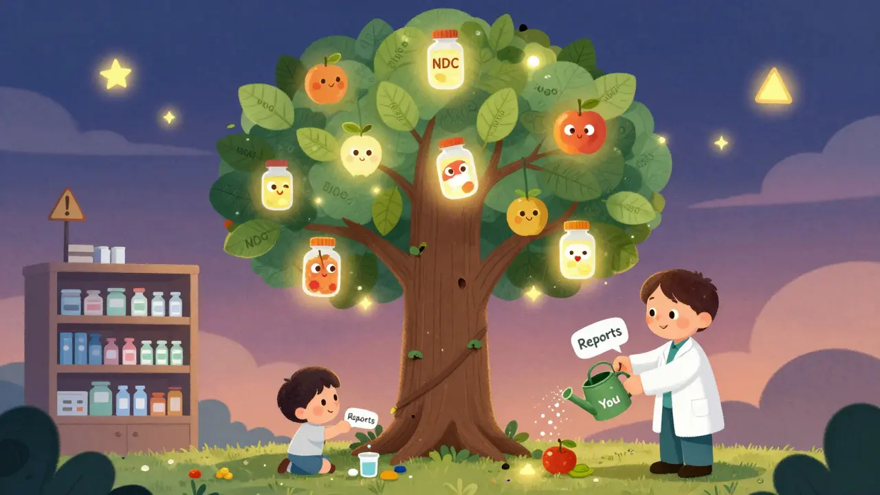 A magical tree grows from a pharmacy shelf, its fruits are pill bottles with faces, watered by reports from a child.