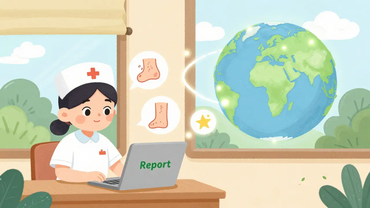 A nurse in a rural clinic reports symptoms using a simple laptop connected to a global map.