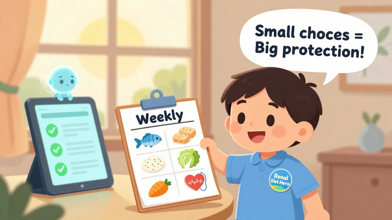 A patient with a meal planner and glowing AI tablet showing positive lab results, surrounded by kidney-friendly foods.