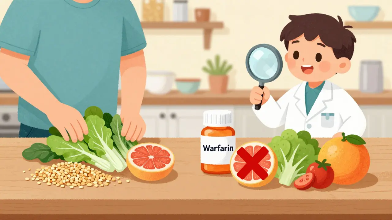 A person sorting foods with a pharmacist, showing which foods help or interfere with medications.