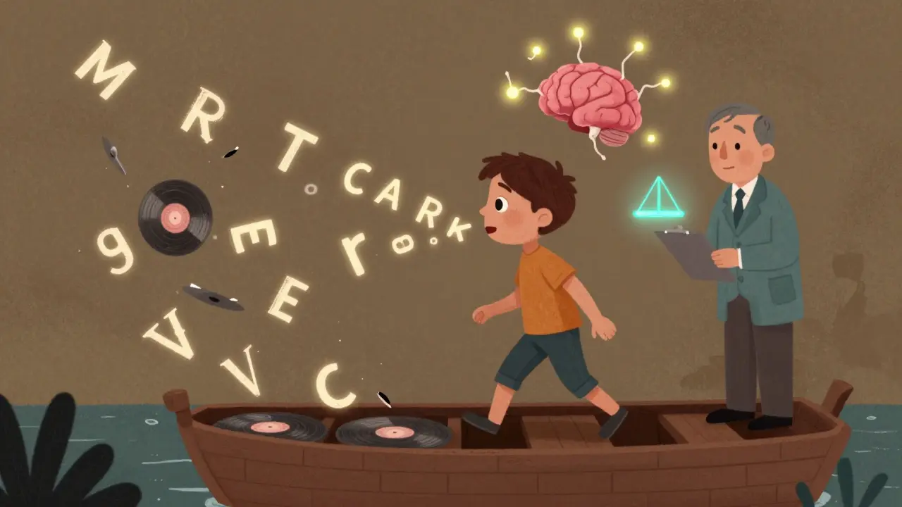 A person walking with wide steps on a wobbly floor, words tumbling out, while a glowing cerebellum hovers above.