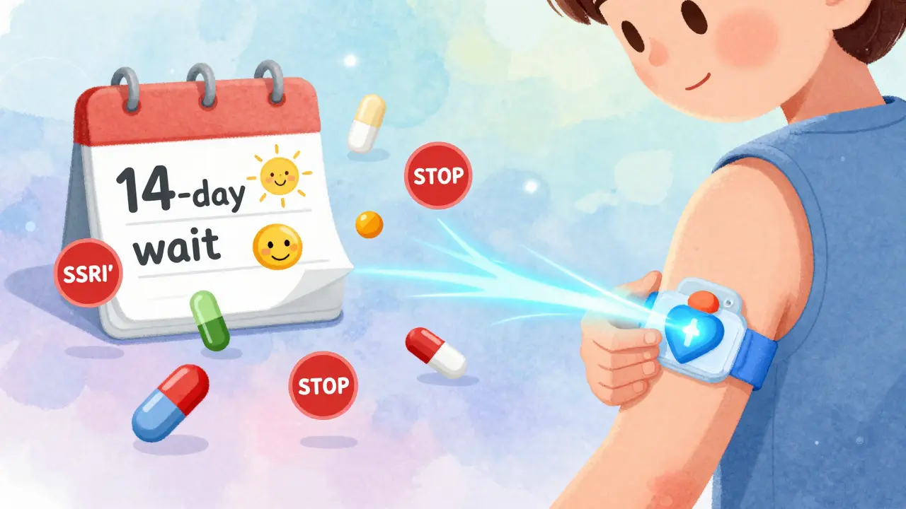 A person with a medical patch and glowing energy trail, surrounded by red stop signs over dangerous drugs and a calendar showing a 14-day wait.