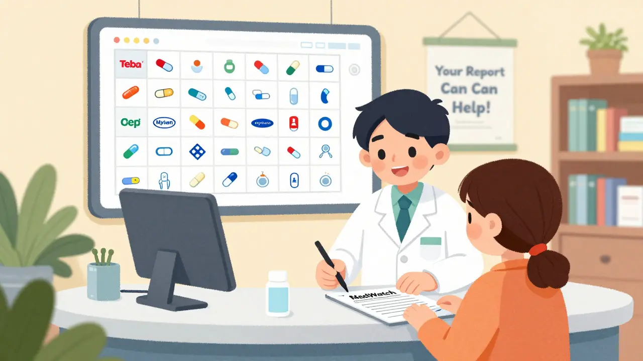 A pharmacist helps a patient report a medicine issue using a tablet, with generic drug logos floating nearby.