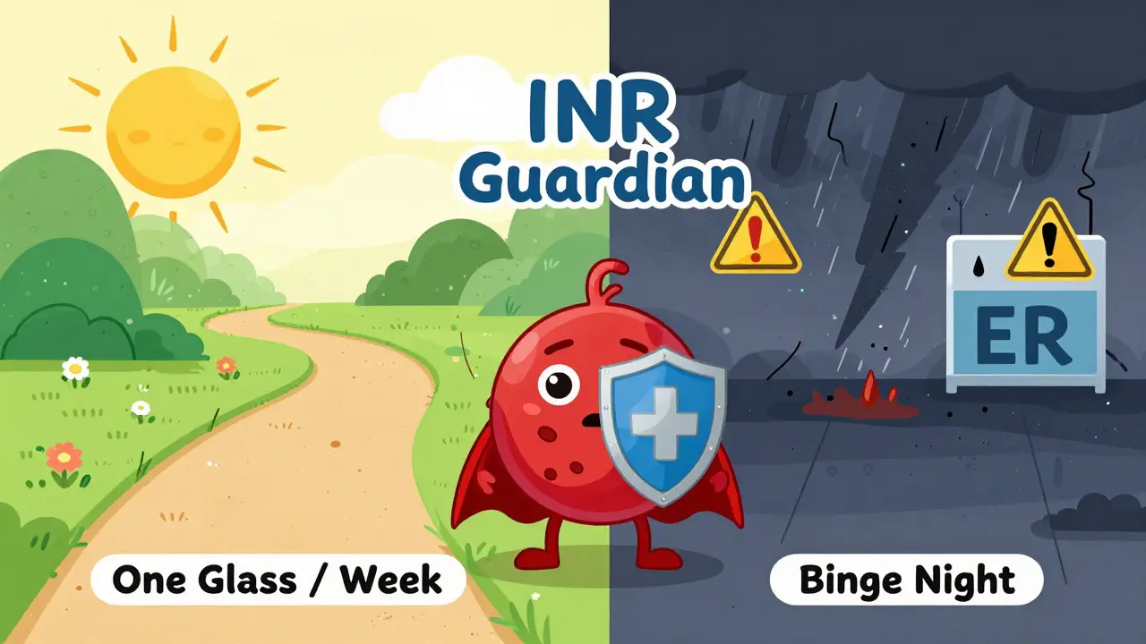 A superhero blood cell choosing between safe drinking and dangerous binge, with contrasting paths.