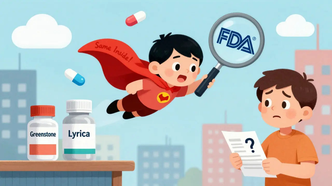 A superhero pill with a 'Same Inside!' cape lands next to two medicine bottles, one branded and one generic.