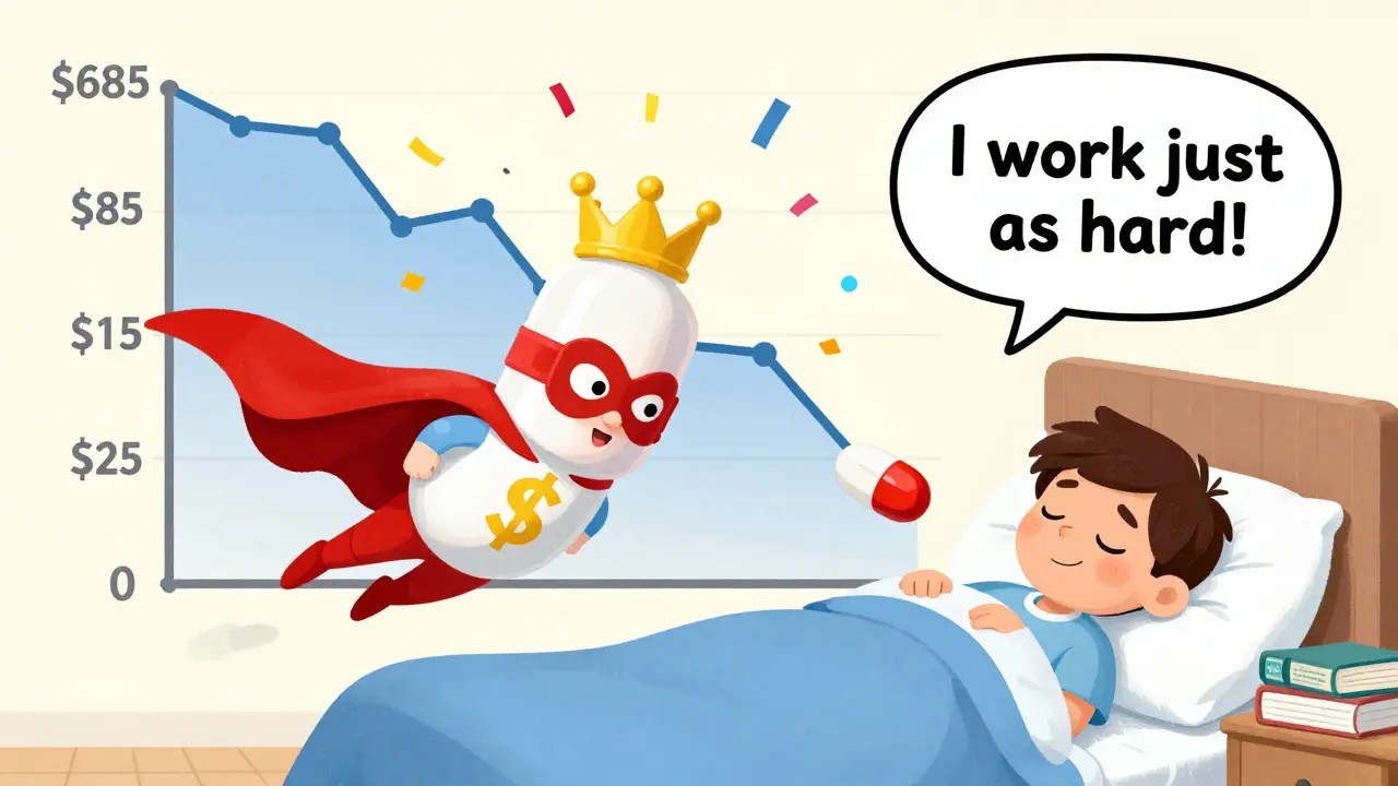 A superhero pill with a dollar-sign cape flies beside a crowned brand pill, saving a sleeping patient.