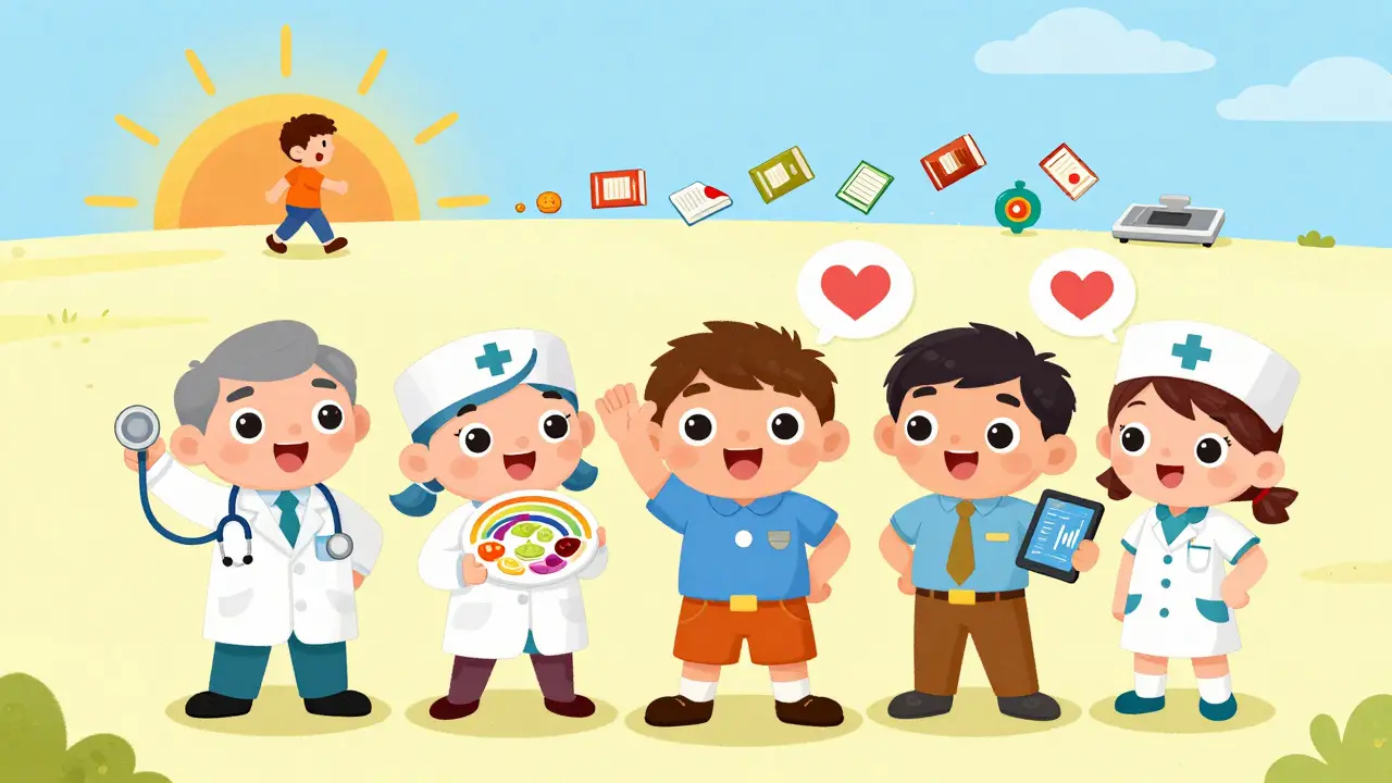 A team of health heroes helps a patient walk toward a sunrise, leaving behind old diet books and scales.