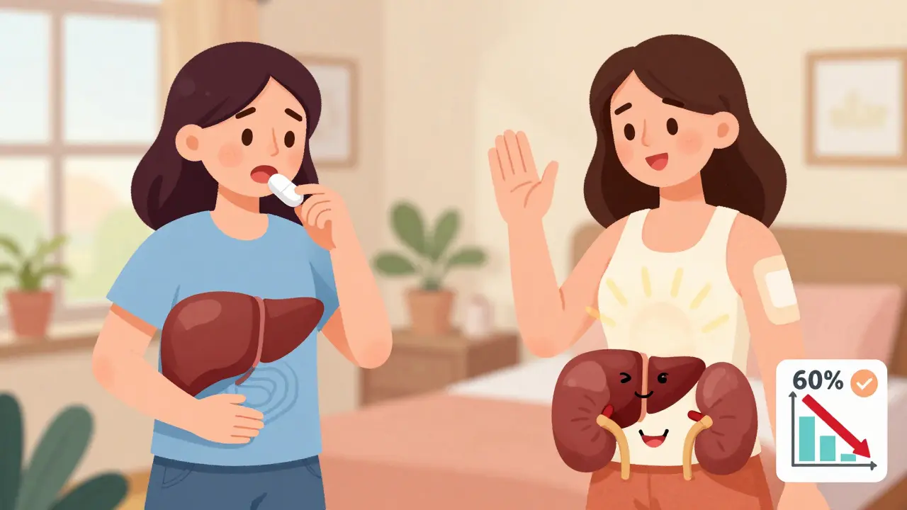 A woman comparing pill and patch hormone therapies, with happy and frowning organs showing different effects.