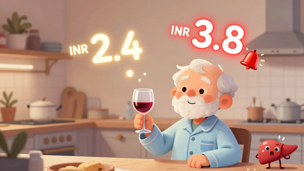 An elderly man drinking wine while floating INR numbers change from calm to alarming red.