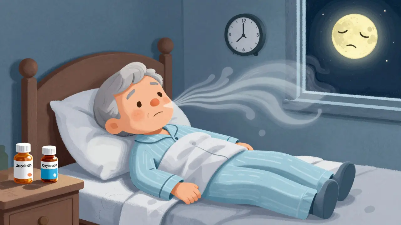 An elderly person sleeping as pill bottles cast dark shadows and breath fades at night.