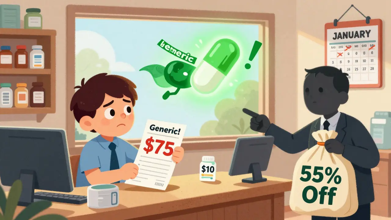 An employee shocked by a  prescription as a superhero generic pill flies in with a  alternative, PBM in shadow holds rebates.