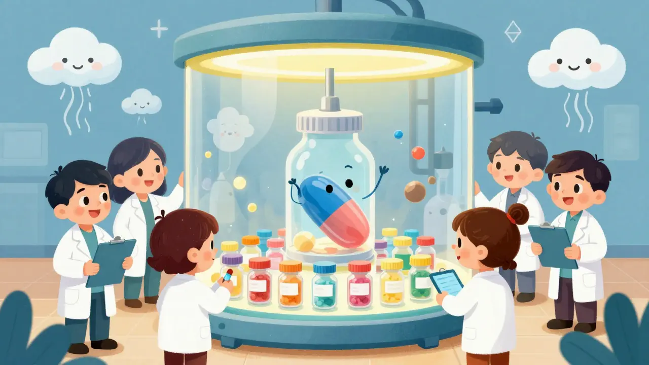 Cheerful lab workers check on colorful pill bottles in a glowing stability room.