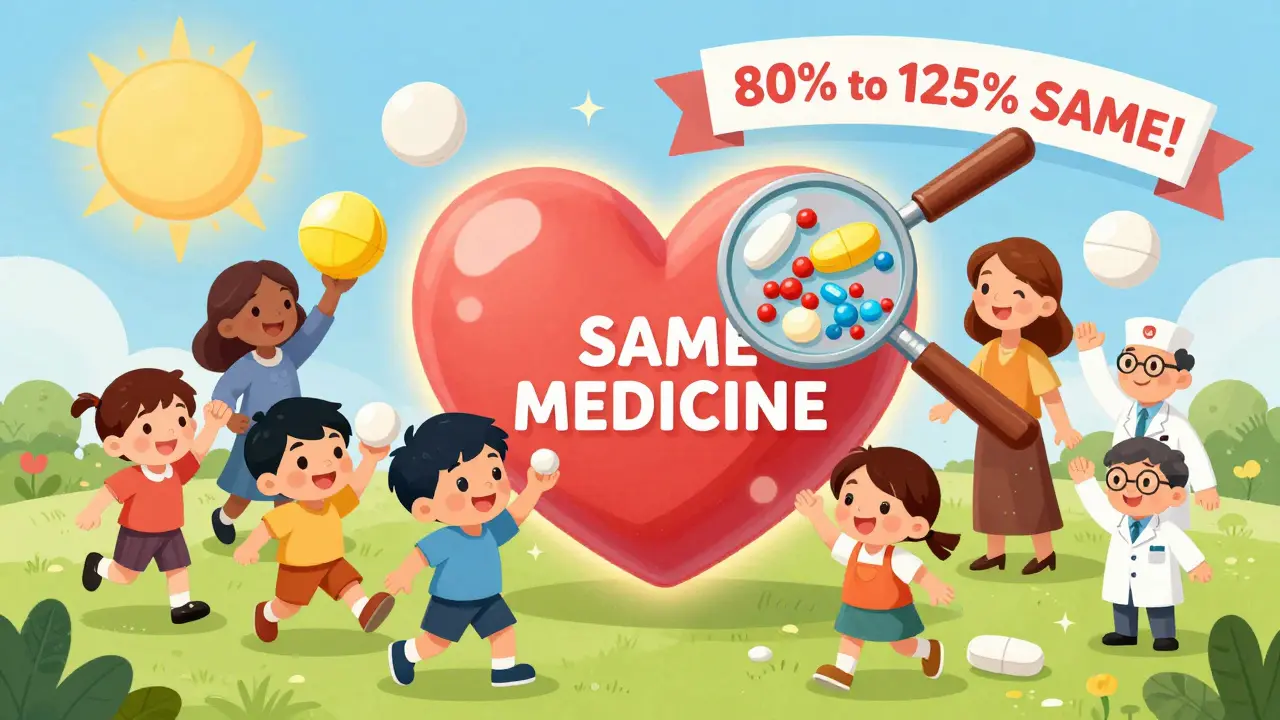 Children and adults dancing around a glowing heart, holding different-shaped pills with identical molecules inside.