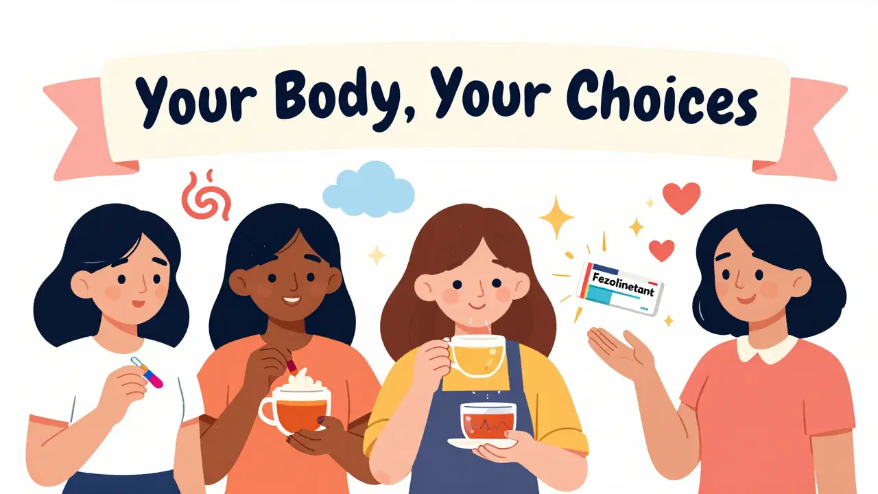 Diverse women using non-hormonal menopause treatments with icons of hot flashes, sleep, and heartbeats around them.