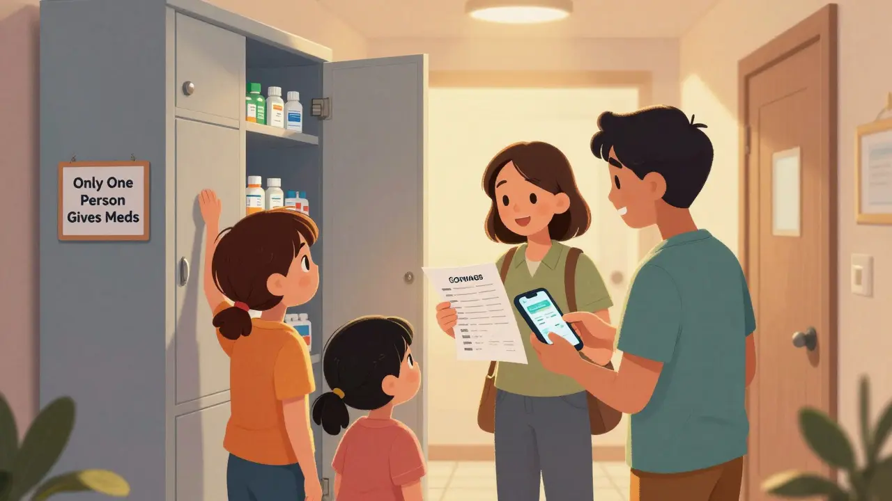 Family at a locked medicine cabinet with a printed list and phone app, child reaching up safely.