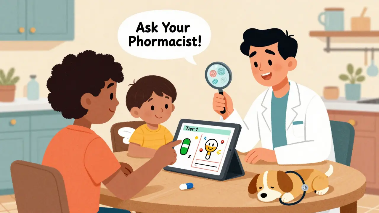 Family learning about drug tiers on a tablet, child drawing a happy generic pill, doctor shows FDA safety stamps with a magnifying glass.