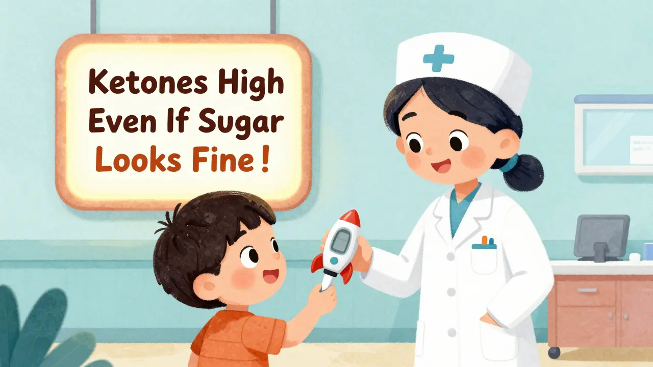 Nurse gives child a rocket-shaped ketone tester in a hospital, warning sign glows nearby.