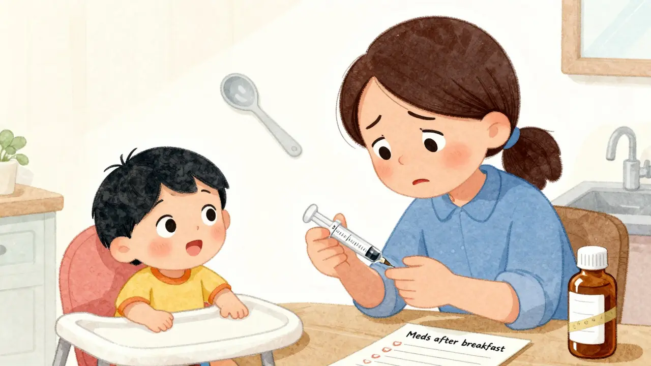 Parent using a syringe to measure liquid medicine, kitchen spoon discarded, checklist on counter.