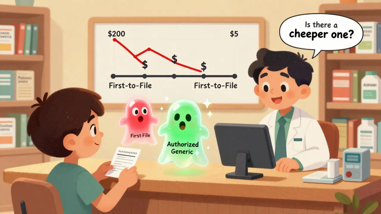 Patient asking pharmacist about cheaper options as two pill ghosts show price differences, warm library setting with floating savings.