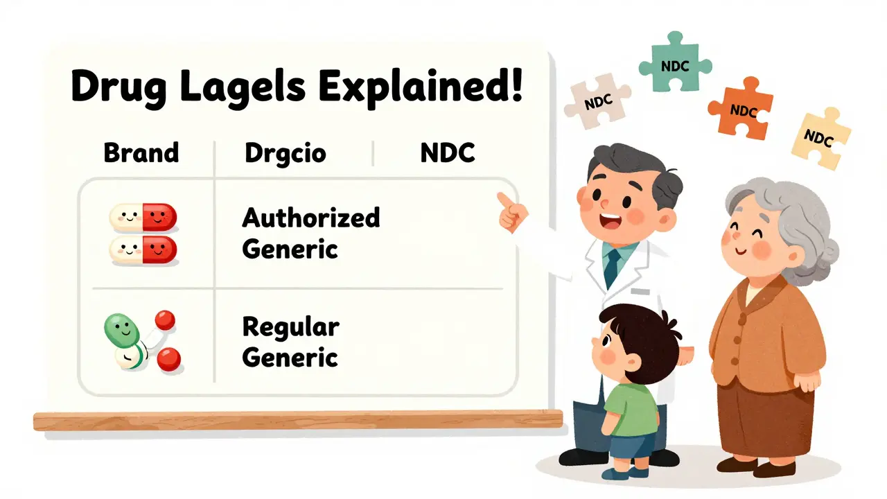Pharmacist showing a chart comparing brand, authorized generic, and regular generic drug labels to a child and elder.