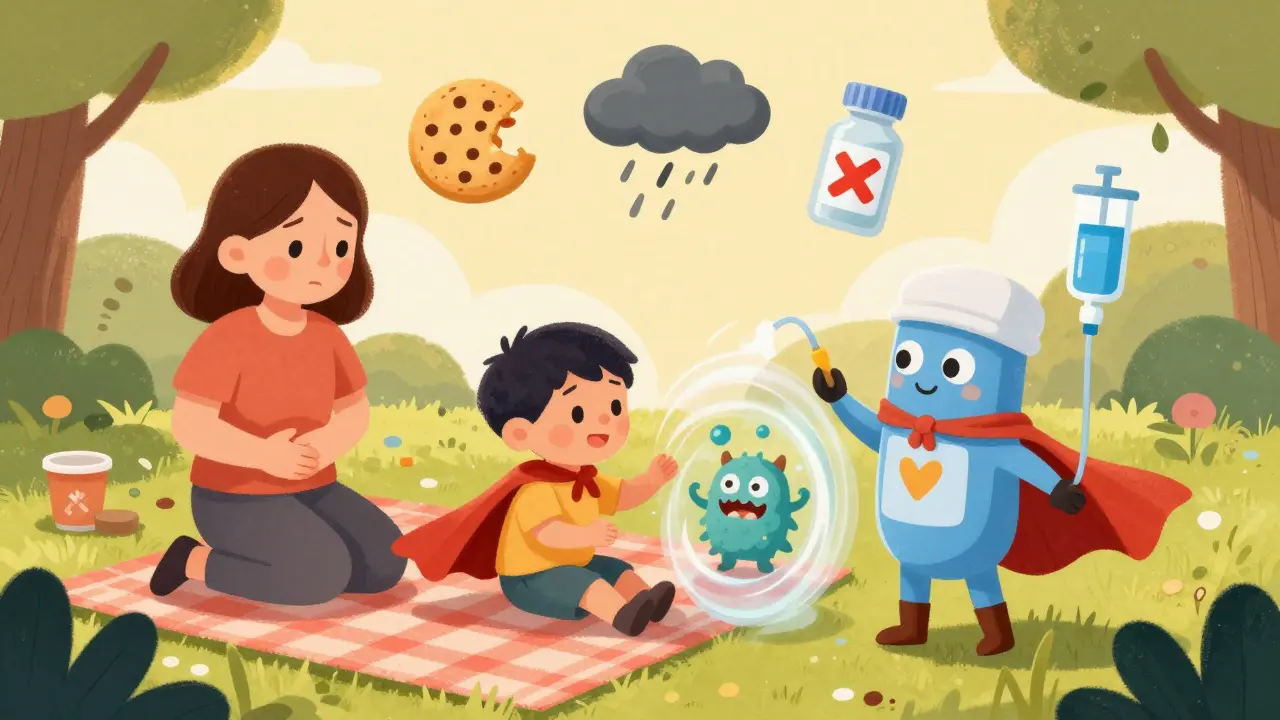 Sick child at picnic with floating icons of illness and food skip, insulin and dextrose superheroes rescue them.