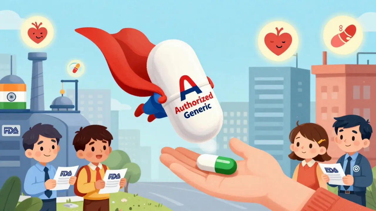 Superhero 'Authorized Generic' pill lands safely as inspectors check factories, happy patients glow above.
