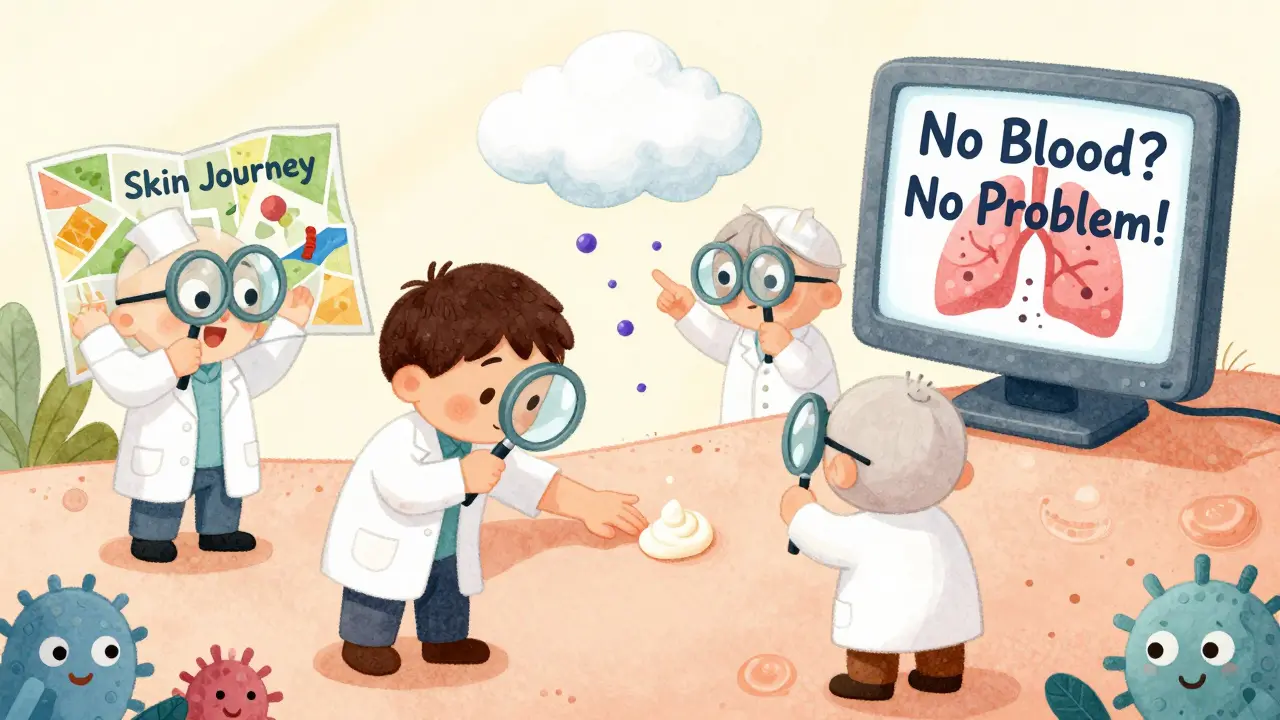 Tiny scientists examine cream spreading on skin with particles floating toward a lung, using maps and monitors in a soft, sunny lab scene.
