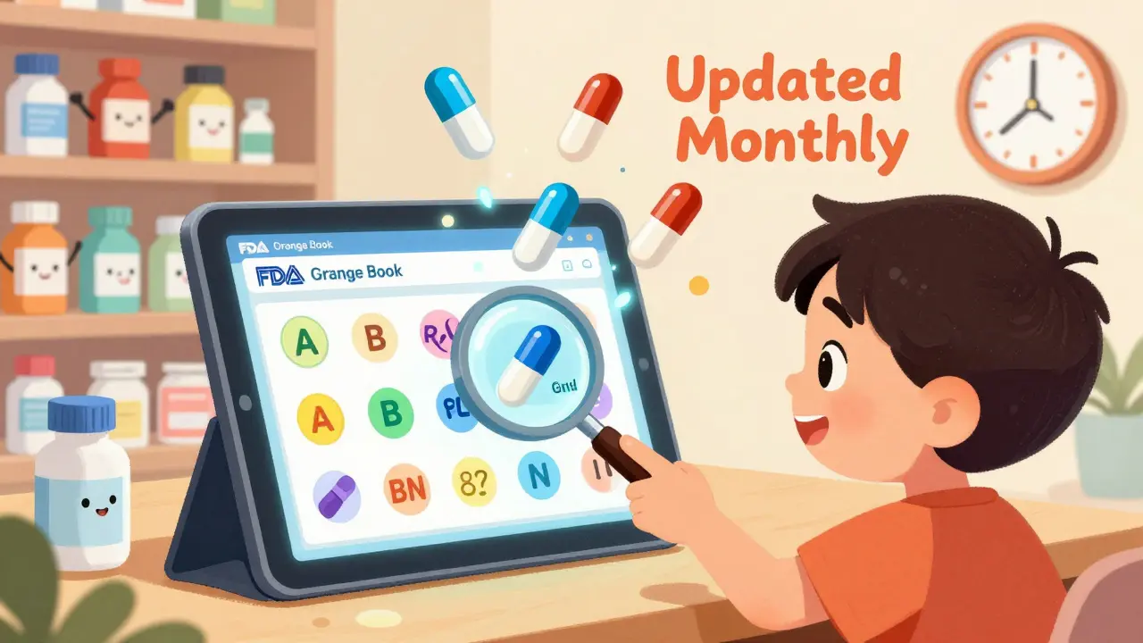 A child examines a digital tablet displaying drug icons with therapeutic equivalence codes A, B, and BN in a friendly pharmacy setting.