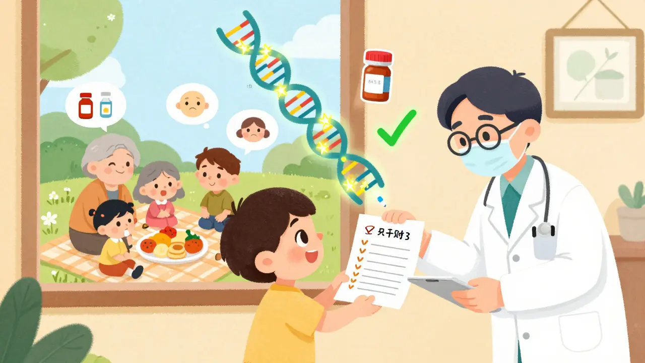 A child gives a family medication history to a doctor as glowing DNA strands show genetic variants.
