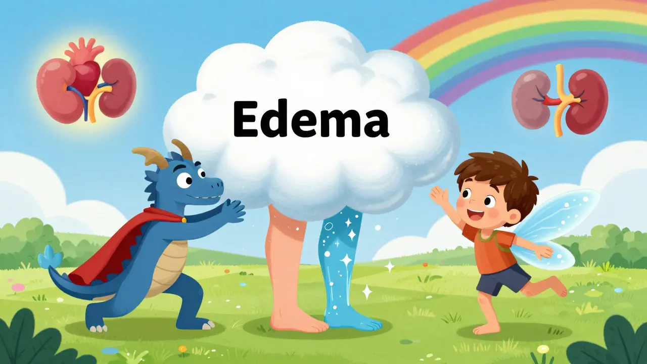 A dragon and water sprite team up to remove swelling from legs, with the patient dancing happily under a rainbow.