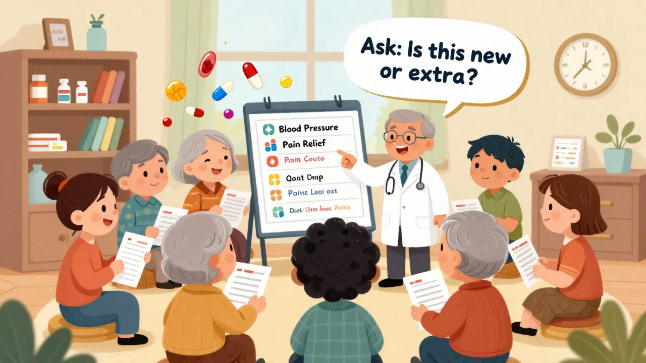 A group of older adults and healthcare providers review a shared medication chart with colorful icons and questions.