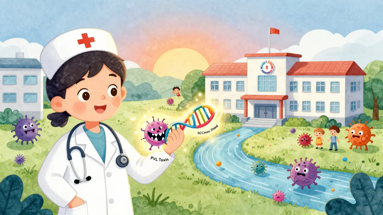 A nurse holding a DNA strand splitting into community and hospital MRSA traits.