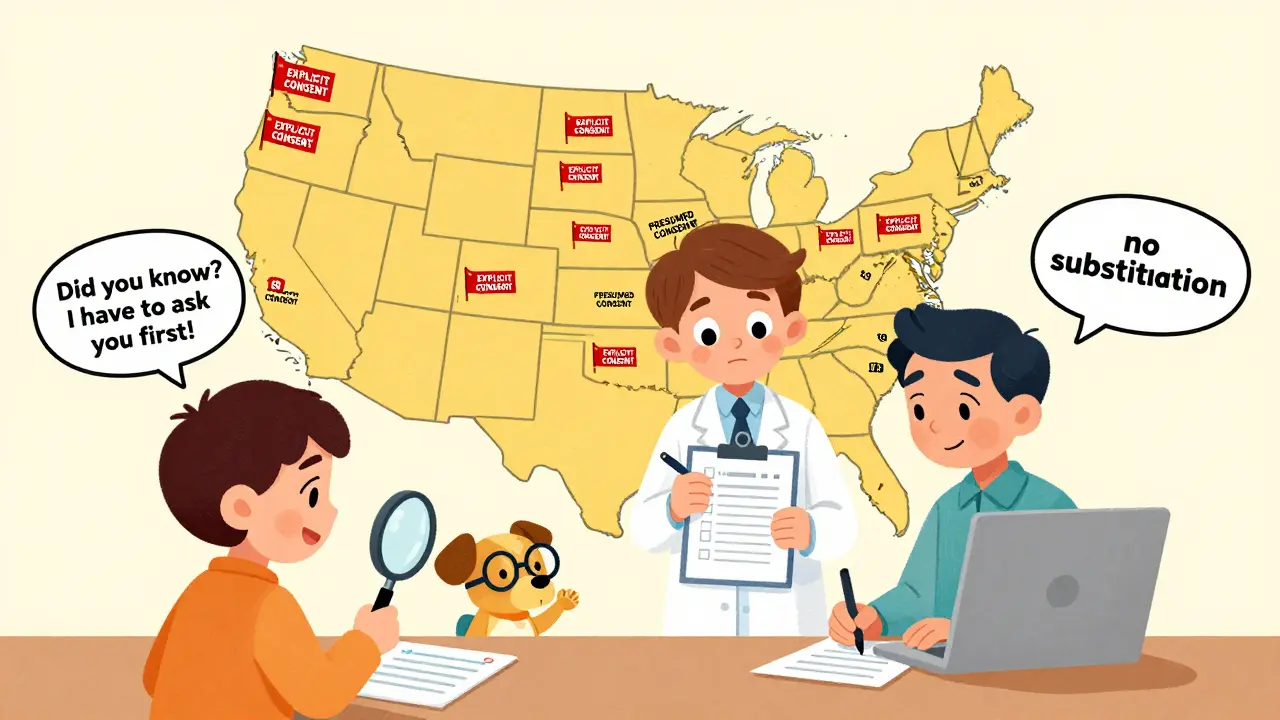 A patient signs a consent form as a U.S. map displays state-specific substitution rules, with a magnifying glass inspecting a prescription.