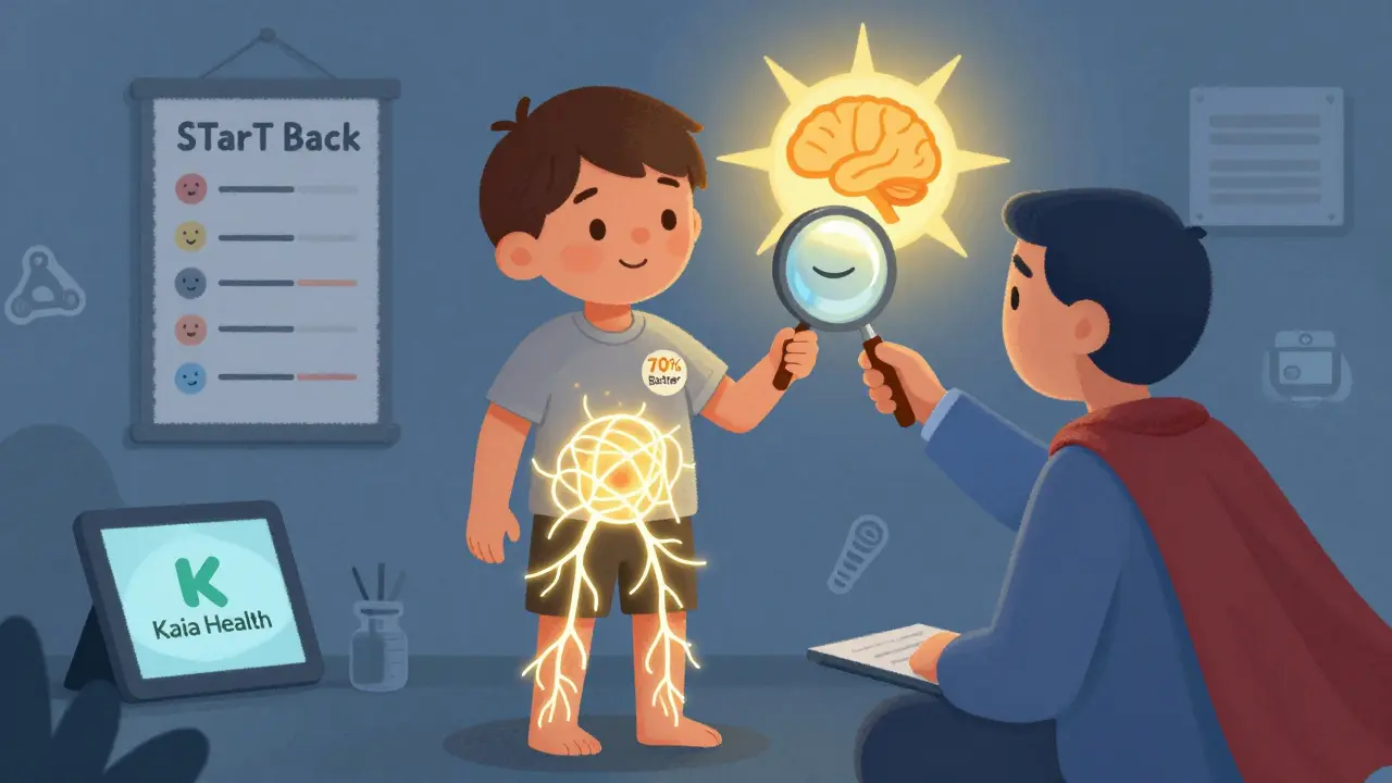 A person with tangled pain nerves being helped by a therapist who shows a calm brain and rising sun.