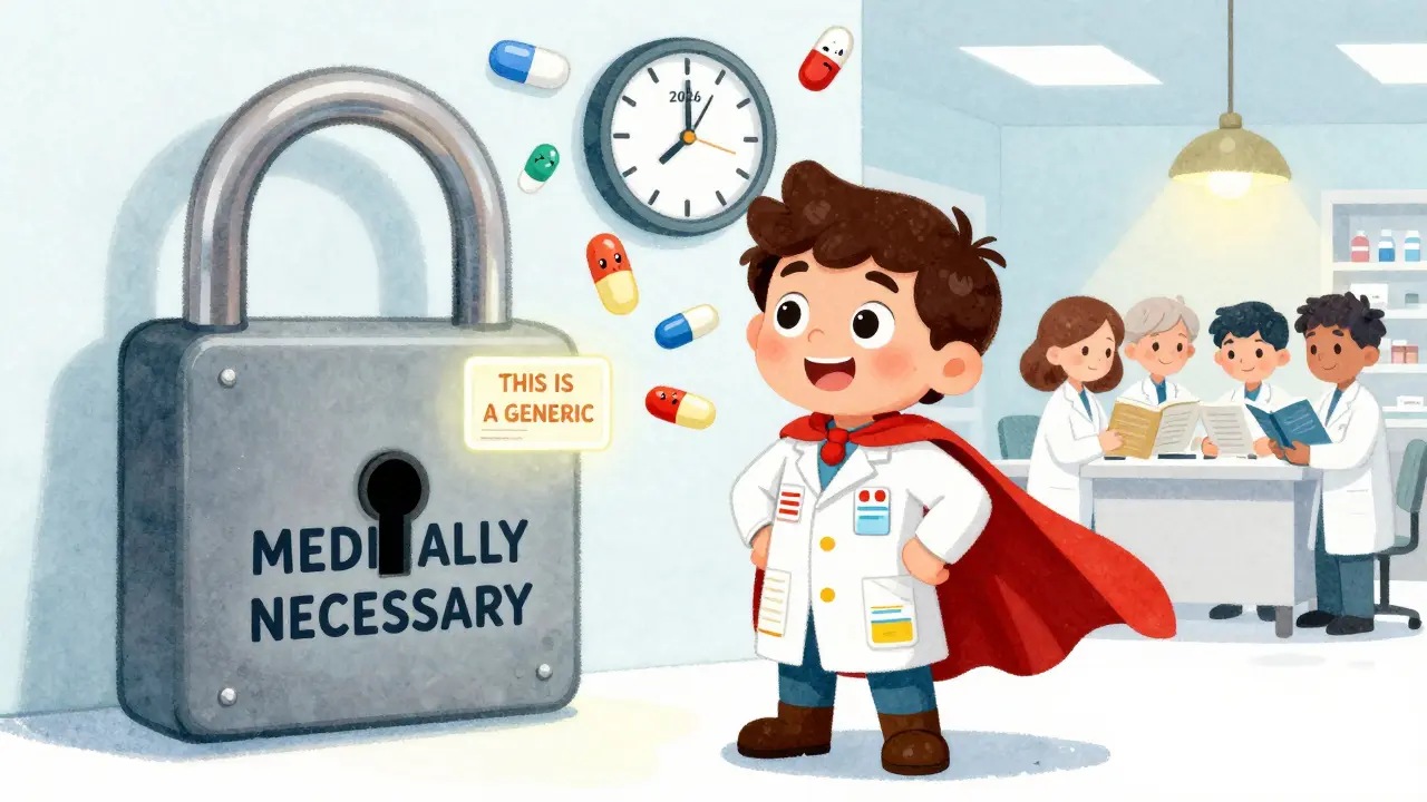A pharmacist superhero guards a lock labeled 'Medically Necessary' while restricted drugs float nearby, and a 2026 label glows in the distance.