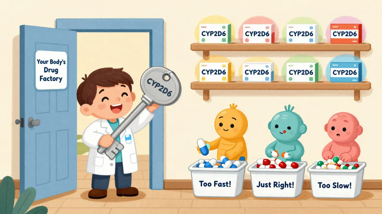 A pharmacist unlocks a door to a body's drug factory where workers sort pills by metabolism speed.