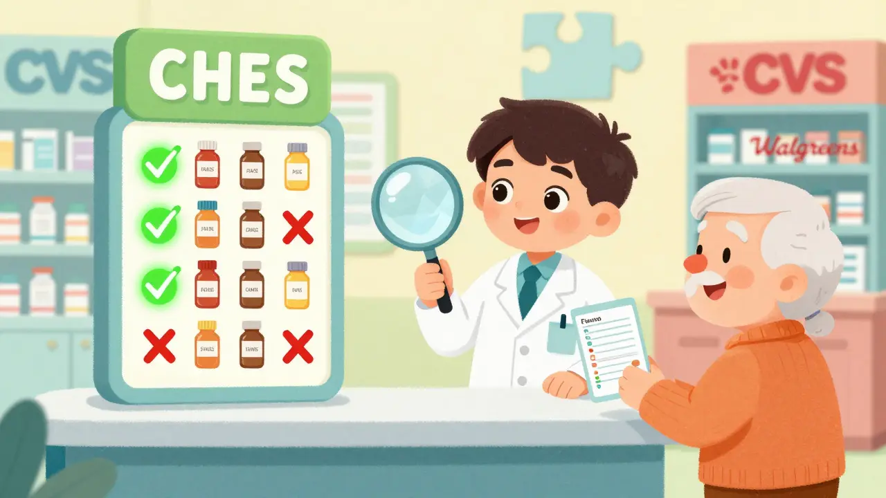 A pharmacist uses a magnifying glass to spot duplicate medications among pill bottles at a single pharmacy.