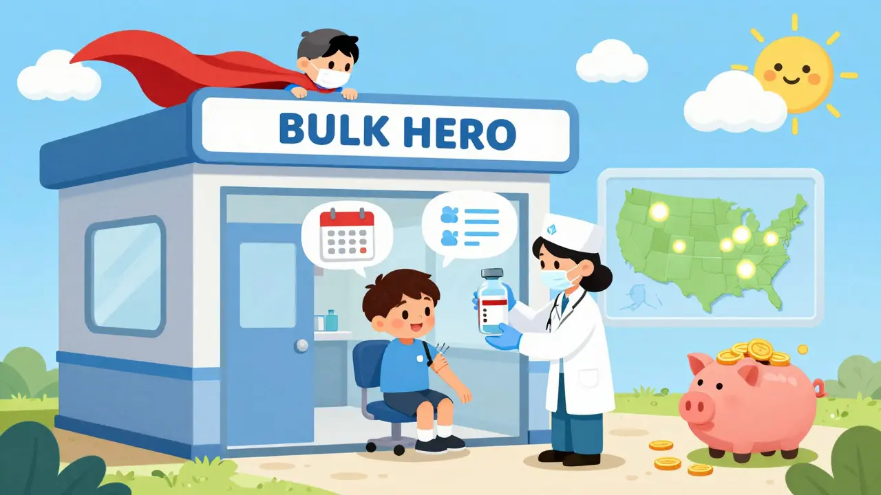 A small clinic with a superhero cape saves money by buying medicine in bulk, shown with a child getting an injection and floating savings icons.