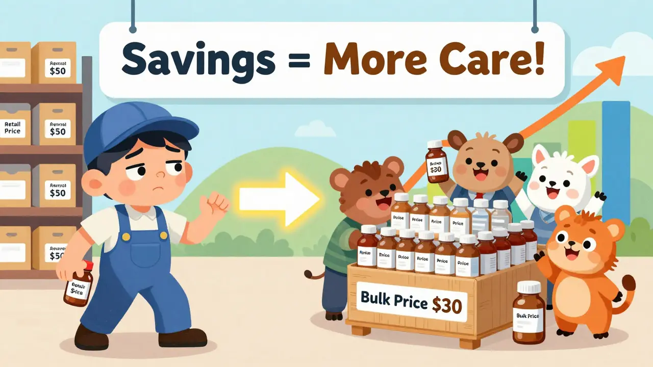 A tired worker carries one expensive medicine bottle while a cheerful team unloads a giant pallet of the same drug at a much lower price.