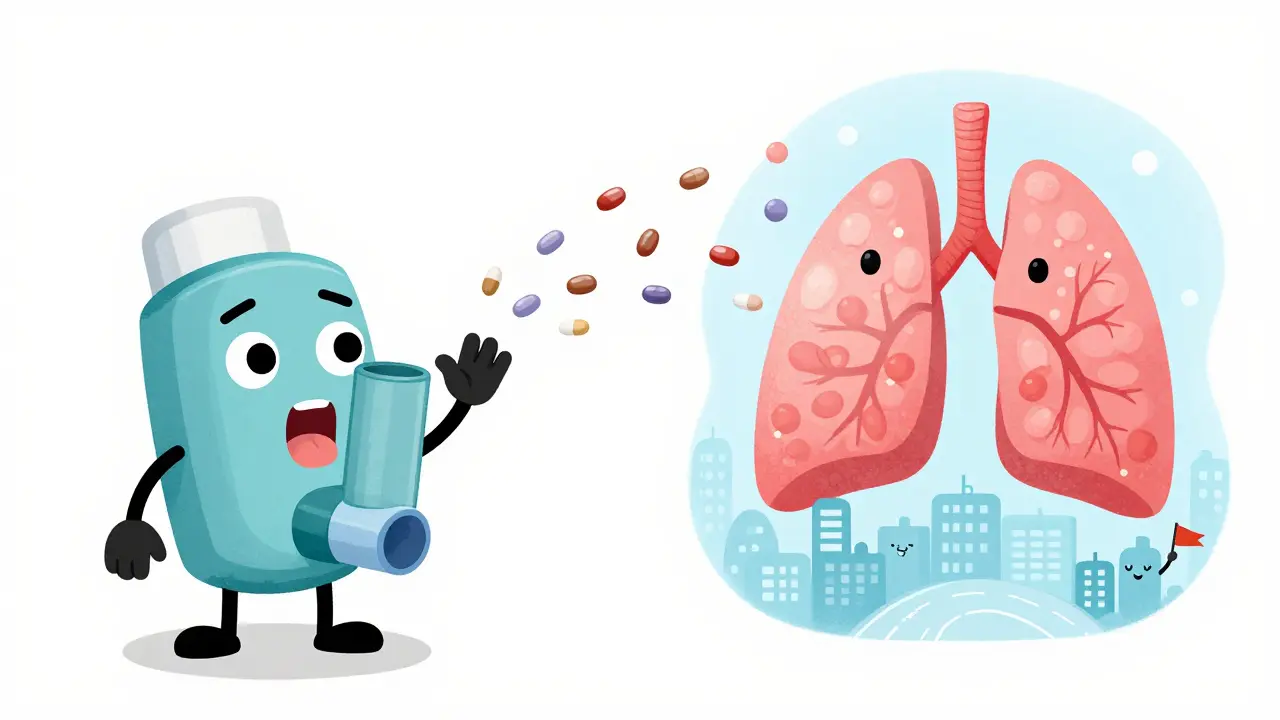 Anthropomorphic inhaler sending medicine to healthy lungs vs. stuck in mouth, with happy lung city in background.