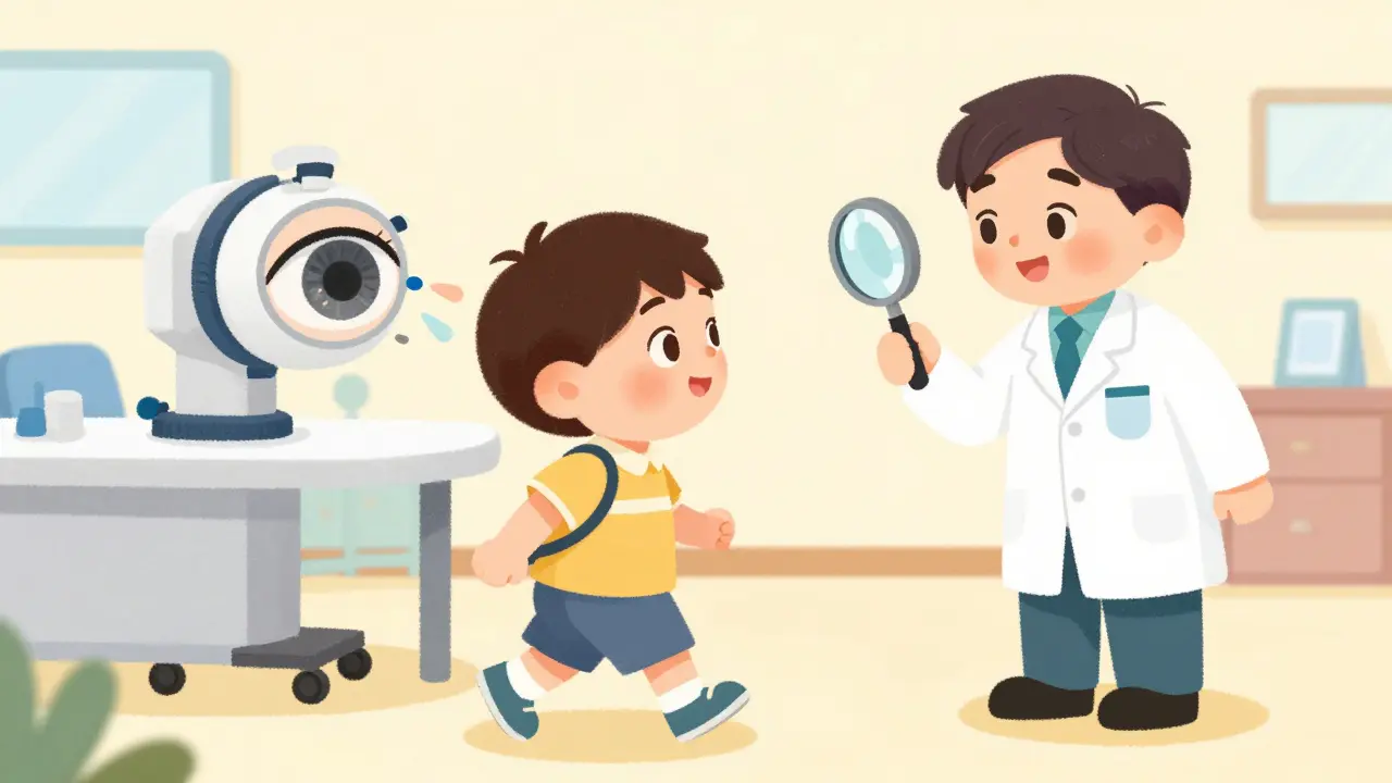 Cartoon character receiving eye care from a doctor after chemical injury.