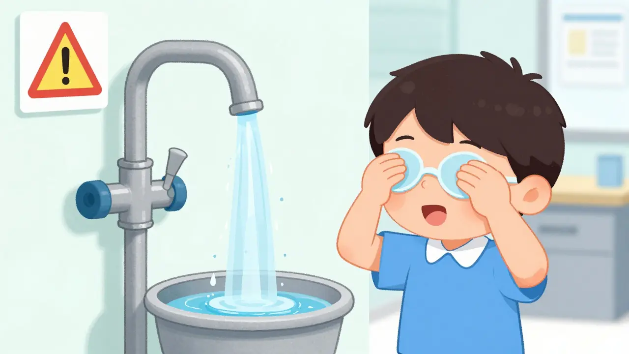 Cartoon child using emergency eyewash station during chemical eye flush.