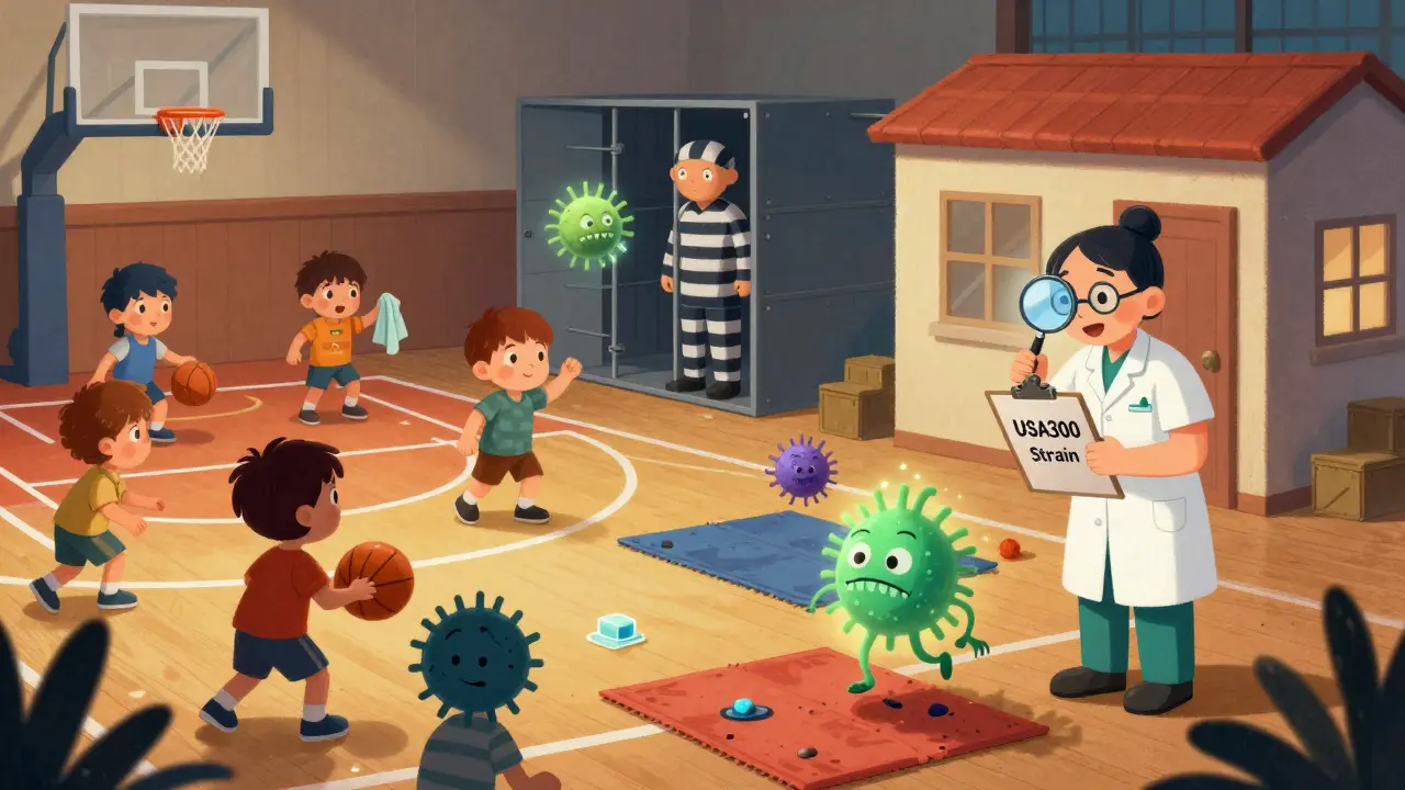 Cartoon germs spreading in a gym, prison, and shelter, with a nurse observing.