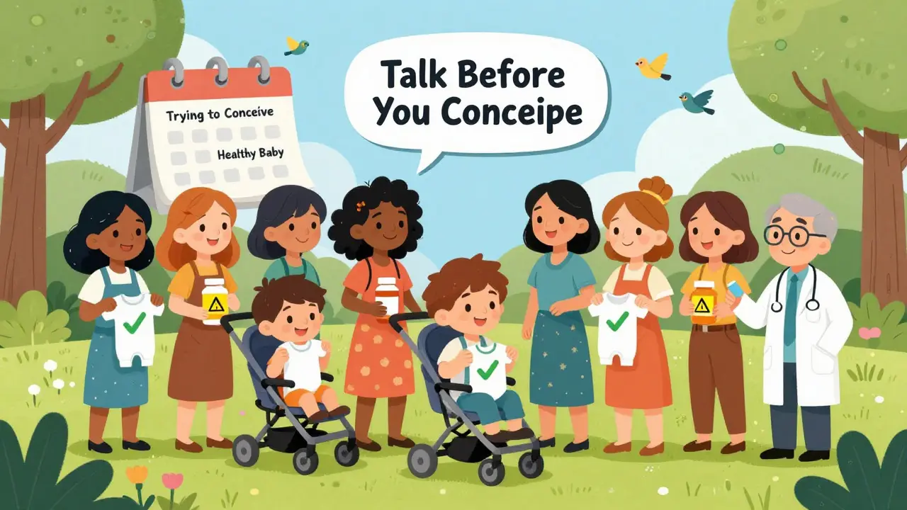 Diverse group of women with safe and unsafe medication bottles in a park, celebrating healthy pregnancy.