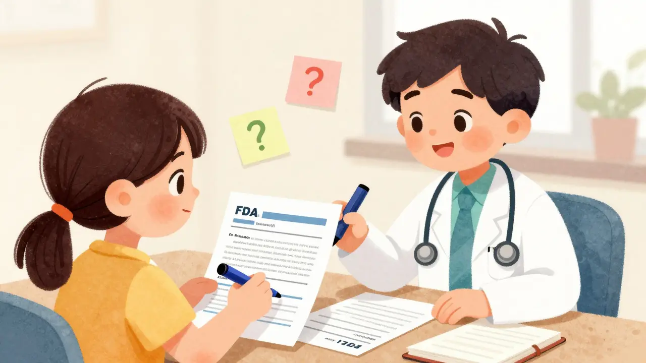 Doctor and patient reviewing highlighted FDA alert documents.