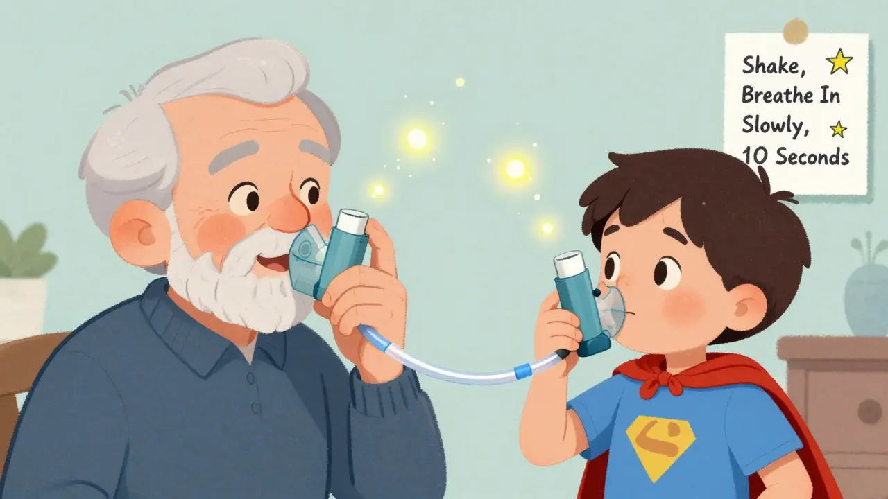 Grandfather and child using inhalers with spacers, medicine particles like fireflies entering their lungs.