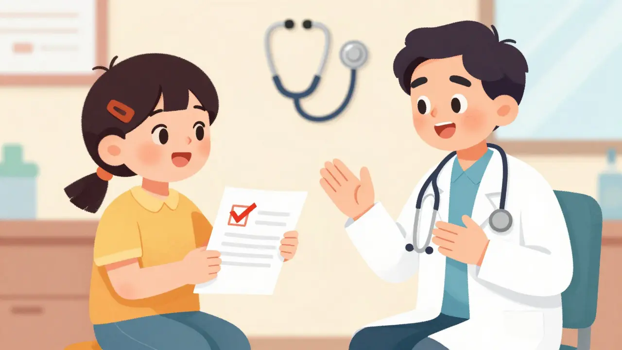 Patient and doctor talking about medication safety in clinic.