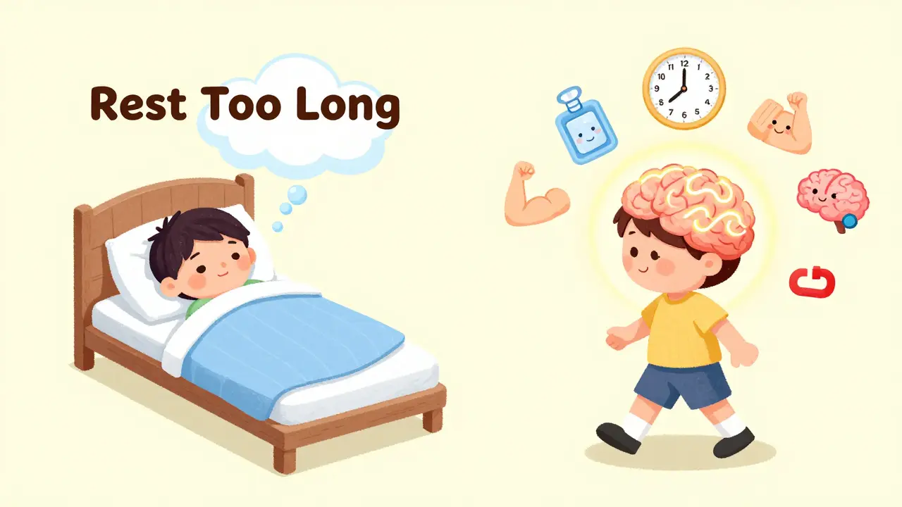 Two paths for back pain: one with rest and sadness, the other with gentle movement and a calm, glowing brain.