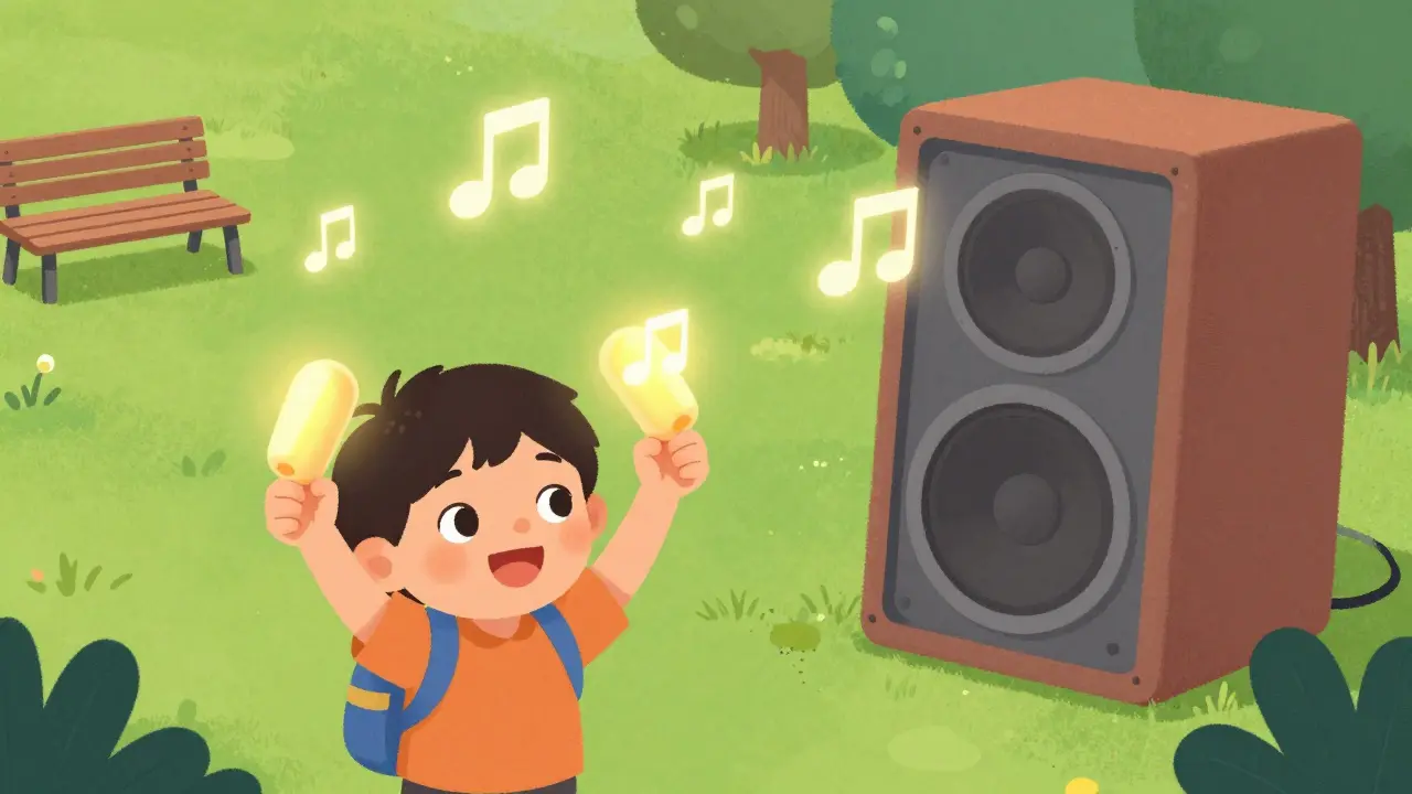 A child at a music festival using glowing musical note earplugs, with decibel numbers shrinking as they enter the earplugs and a quiet green zone in the background.